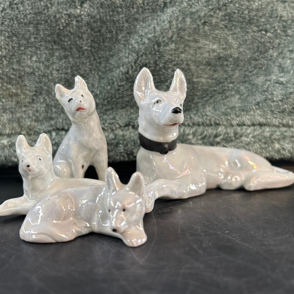 c1950s Iridescent Lusterware Set 4 Shepherd Dogs Miniatures Japan